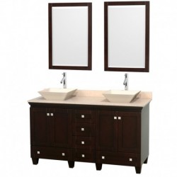 60 inch Double Bathroom Vanity in Espresso, Ivory Marble Countertop, Pyra Bone Sinks, and 24 inch Mirrors
