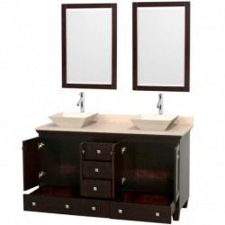 60 inch Double Bathroom Vanity in Espresso, Ivory Marble Countertop, Pyra Bone Sinks, and 24 inch Mirrors