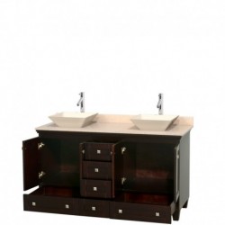 60 inch Double Bathroom Vanity in Espresso, Ivory Marble Countertop, Pyra Bone Sinks, and No Mirrors
