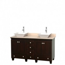 60 inch Double Bathroom Vanity in Espresso, Ivory Marble Countertop, Pyra White Sinks, and No Mirrors