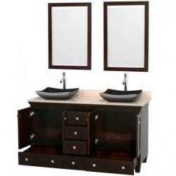 60 inch Double Bathroom Vanity in Espresso, Ivory Marble Countertop, Altair Black Granite Sinks, and 24 inch Mirrors