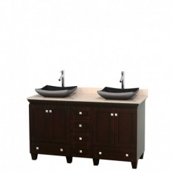 60 inch Double Bathroom Vanity in Espresso, Ivory Marble Countertop, Altair Black Granite Sinks, and No Mirrors