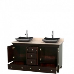 60 inch Double Bathroom Vanity in Espresso, Ivory Marble Countertop, Altair Black Granite Sinks, and No Mirrors