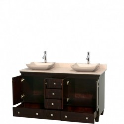 60 inch Double Bathroom Vanity in Espresso, Ivory Marble Countertop, Avalon Ivory Marble Sinks, and No Mirrors