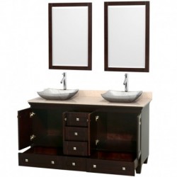 60 inch Double Bathroom Vanity in Espresso, Ivory Marble Countertop, Avalon White Carrera Marble Sinks, and 24 inch Mirrors