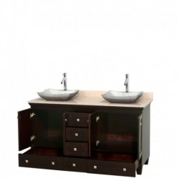 60 inch Double Bathroom Vanity in Espresso, Ivory Marble Countertop, Avalon White Carrera Marble Sinks, and No Mirrors