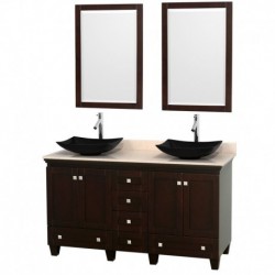 60 inch Double Bathroom Vanity in Espresso, Ivory Marble Countertop, Arista Black Granite Sinks, and 24 inch Mirrors