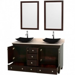 60 inch Double Bathroom Vanity in Espresso, Ivory Marble Countertop, Arista Black Granite Sinks, and 24 inch Mirrors