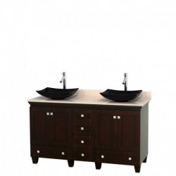 60 inch Double Bathroom Vanity in Espresso, Ivory Marble Countertop, Arista Black Granite Sinks, and No Mirrors