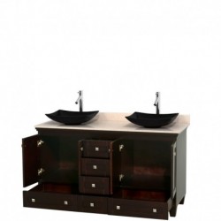 60 inch Double Bathroom Vanity in Espresso, Ivory Marble Countertop, Arista Black Granite Sinks, and No Mirrors