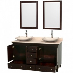 60 inch Double Bathroom Vanity in Espresso, Ivory Marble Countertop, Arista Ivory Marble Sinks, and 24 inch Mirrors