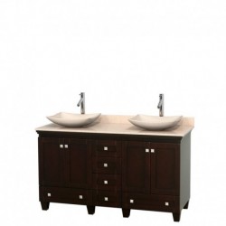60 inch Double Bathroom Vanity in Espresso, Ivory Marble Countertop, Arista Ivory Marble Sinks, and No Mirrors
