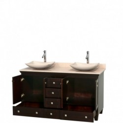 60 inch Double Bathroom Vanity in Espresso, Ivory Marble Countertop, Arista Ivory Marble Sinks, and No Mirrors