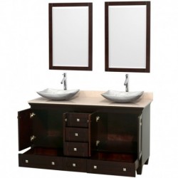 60 inch Double Bathroom Vanity in Espresso, Ivory Marble Countertop, Arista White Carrera Marble Sinks, and 24 inch Mirrors