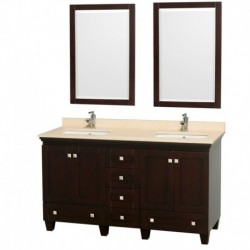 60 inch Double Bathroom Vanity in Espresso, Ivory Marble Countertop, Undermount Square Sinks, and 24 inch Mirrors