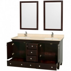 60 inch Double Bathroom Vanity in Espresso, Ivory Marble Countertop, Undermount Square Sinks, and 24 inch Mirrors