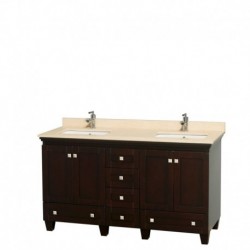 60 inch Double Bathroom Vanity in Espresso, Ivory Marble Countertop, Undermount Square Sinks, and No Mirrors