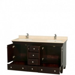 60 inch Double Bathroom Vanity in Espresso, Ivory Marble Countertop, Undermount Square Sinks, and No Mirrors