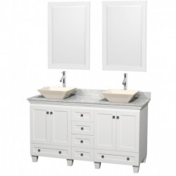60 inch Double Bathroom Vanity in White, White Carrera Marble Countertop, Pyra Bone Sinks, and 24 inch Mirrors