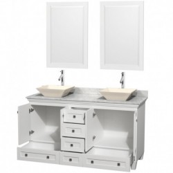 60 inch Double Bathroom Vanity in White, White Carrera Marble Countertop, Pyra Bone Sinks, and 24 inch Mirrors