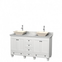 60 inch Double Bathroom Vanity in White, White Carrera Marble Countertop, Pyra Bone Sinks, and No Mirrors