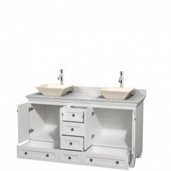 60 inch Double Bathroom Vanity in White, White Carrera Marble Countertop, Pyra Bone Sinks, and No Mirrors