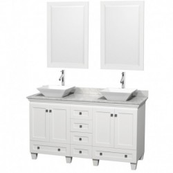 60 inch Double Bathroom Vanity in White, White Carrera Marble Countertop, Pyra White Sinks, and 24 inch Mirrors