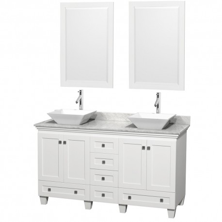60 inch Double Bathroom Vanity in White, White Carrera Marble Countertop, Pyra White Sinks, and 24 inch Mirrors