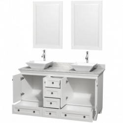60 inch Double Bathroom Vanity in White, White Carrera Marble Countertop, Pyra White Sinks, and 24 inch Mirrors