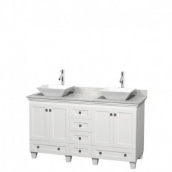 60 inch Double Bathroom Vanity in White, White Carrera Marble Countertop, Pyra White Sinks, and No Mirrors
