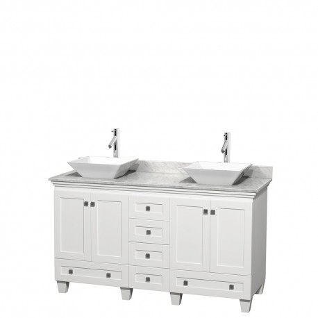 60 inch Double Bathroom Vanity in White, White Carrera Marble Countertop, Pyra White Sinks, and No Mirrors