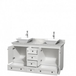 60 inch Double Bathroom Vanity in White, White Carrera Marble Countertop, Pyra White Sinks, and No Mirrors
