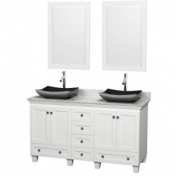 60 inch Double Bathroom Vanity in White, White Carrera Marble Countertop, Altair Black Granite Sinks, and 24 inch Mirrors