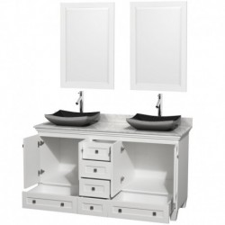 60 inch Double Bathroom Vanity in White, White Carrera Marble Countertop, Altair Black Granite Sinks, and 24 inch Mirrors