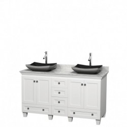 60 inch Double Bathroom Vanity in White, White Carrera Marble Countertop, Altair Black Granite Sinks, and No Mirrors
