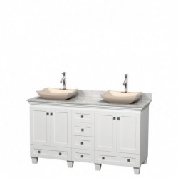 60 inch Double Bathroom Vanity in White, White Carrera Marble Countertop, Avalon Ivory Marble Sinks, and No Mirrors