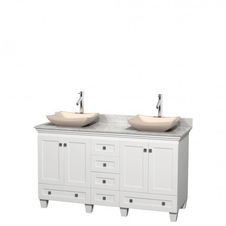 60 inch Double Bathroom Vanity in White, White Carrera Marble Countertop, Avalon Ivory Marble Sinks, and No Mirrors