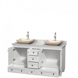 60 inch Double Bathroom Vanity in White, White Carrera Marble Countertop, Avalon Ivory Marble Sinks, and No Mirrors