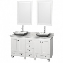 60 inch Double Bathroom Vanity in White, White Carrera Marble Countertop, Avalon White Carrera Marble Sinks, and 24 inch Mirror