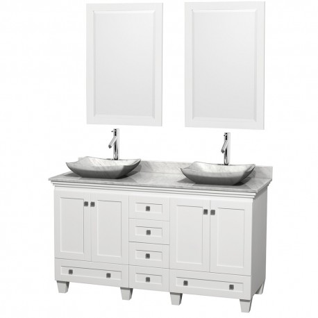 60 inch Double Bathroom Vanity in White, White Carrera Marble Countertop, Avalon White Carrera Marble Sinks, and 24 inch Mirror