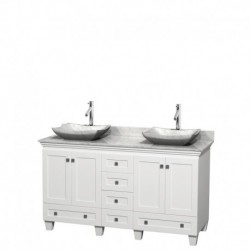 60 inch Double Bathroom Vanity in White, White Carrera Marble Countertop, Avalon White Carrera Marble Sinks, and No Mirrors