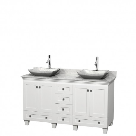 60 inch Double Bathroom Vanity in White, White Carrera Marble Countertop, Avalon White Carrera Marble Sinks, and No Mirrors