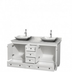 60 inch Double Bathroom Vanity in White, White Carrera Marble Countertop, Avalon White Carrera Marble Sinks, and No Mirrors