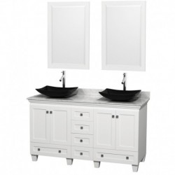 60 inch Double Bathroom Vanity in White, White Carrera Marble Countertop, Arista Black Granite Sinks, and 24 inch Mirrors