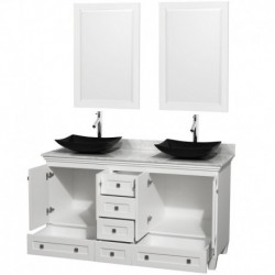 60 inch Double Bathroom Vanity in White, White Carrera Marble Countertop, Arista Black Granite Sinks, and 24 inch Mirrors