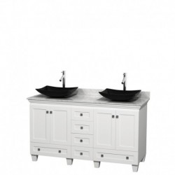 60 inch Double Bathroom Vanity in White, White Carrera Marble Countertop, Arista Black Granite Sinks, and No Mirrors