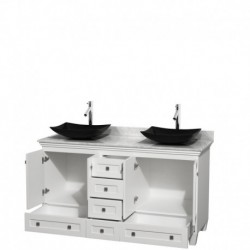 60 inch Double Bathroom Vanity in White, White Carrera Marble Countertop, Arista Black Granite Sinks, and No Mirrors