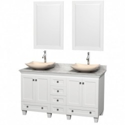 60 inch Double Bathroom Vanity in White, White Carrera Marble Countertop, Arista Ivory Marble Sinks, and 24 inch Mirrors