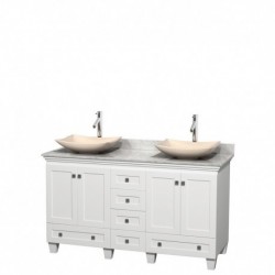 60 inch Double Bathroom Vanity in White, White Carrera Marble Countertop, Arista Ivory Marble Sinks, and No Mirrors