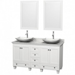 60 inch Double Bathroom Vanity in White, White Carrera Marble Countertop, Arista White Carrera Marble Sinks, and 24 inch Mirror